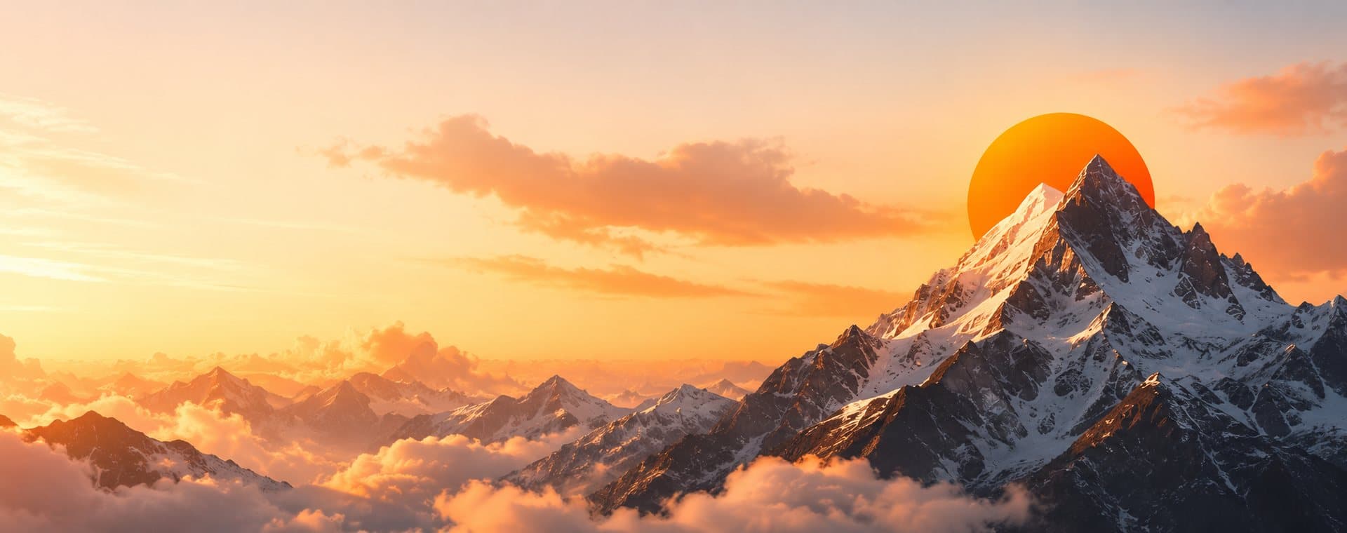 Sunrise over a snow-capped mountain range above the clouds